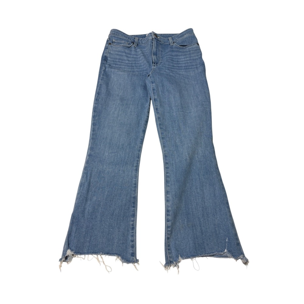 Paige Rory Crop Flare Jeans Medium Wash Distressed Raw Hem Womens Size 30X26